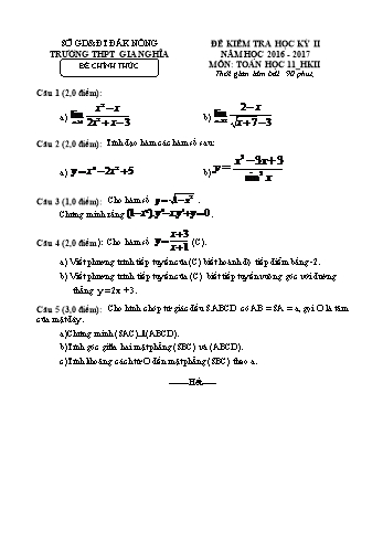 Đề kiểm tra học kì 2 môn Toán Lớp 11 - Năm học 2017-2018 - Trường THPT Gia Nghĩa