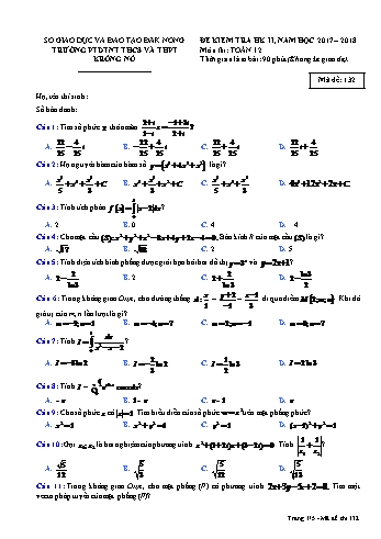 Đề kiểm tra học kì 2 môn Toán lớp 12 - Năm học 2017-2018 - Trường PTDTNT THCS và THPT KRông Nô - Mã đề 132