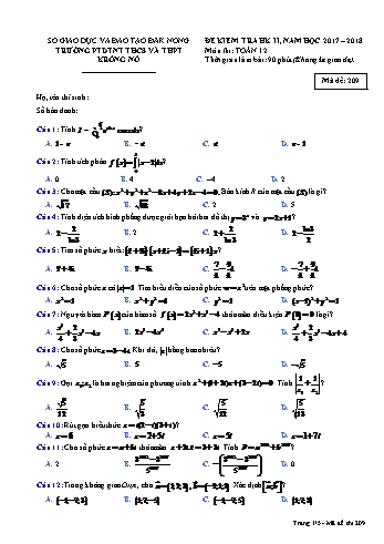 Đề kiểm tra học kì 2 môn Toán lớp 12 - Năm học 2017-2018 - Trường PTDTNT THCS và THPT KRông Nô - Mã đề 209