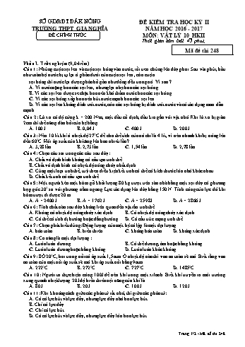 Đề kiểm tra học kì 2 môn Vật lý Lớp 10 - Năm học 2016-2017 - Trường THPT Gia Nghĩa - Mã đề thi 248