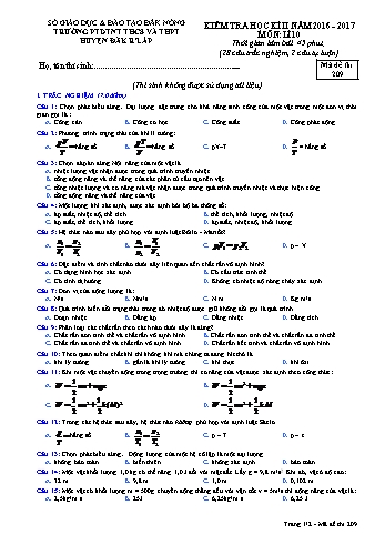 Đề kiểm tra học kì 2 môn Vật lý lớp 10 - Năm học 2016-2017 - Trường PTDT Nội trú Đăk Rlấp - Mã đề 209