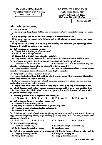 Đề kiểm tra học kì 2 môn Vật lý Lớp 10 - Năm học 2016-2017 - Trường THPT Gia Nghĩa - Mã đề thi 432