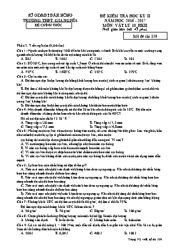 Đề kiểm tra học kì 2 môn Vật lý Lớp 10 - Năm học 2016-2017 - Trường THPT Gia Nghĩa - Mã đề thi 159
