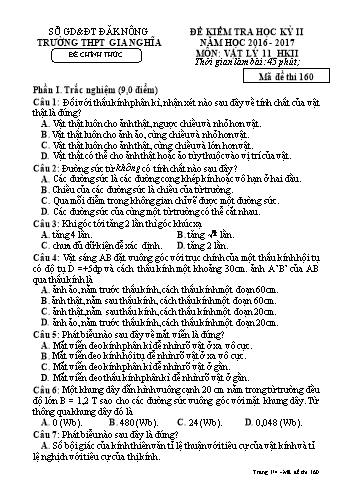 Đề kiểm tra học kì 2 môn Vật lý Lớp 11 - Năm học 2016-2017 - Trường THPT Gia Nghĩa - Mã đề thi 160