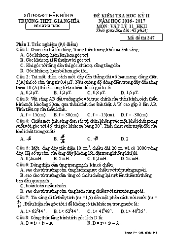 Đề kiểm tra học kì 2 môn Vật lý Lớp 11 - Năm học 2016-2017 - Trường THPT Gia Nghĩa - Mã đề thi 347