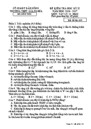 Đề kiểm tra học kì 2 môn Vật lý Lớp 11 - Năm học 2016-2017 - Trường THPT Gia Nghĩa - Mã đề thi 435