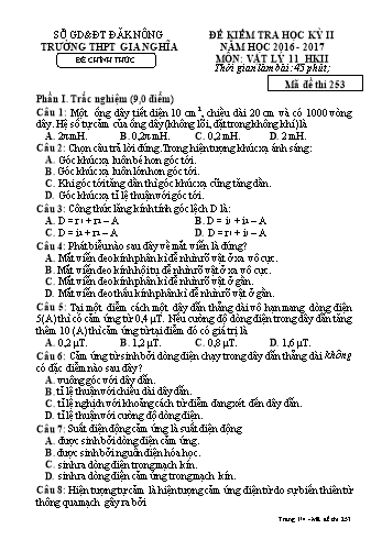 Đề kiểm tra học kì 2 môn Vật lý Lớp 11 - Năm học 2016-2017 - Trường THPT Gia Nghĩa - Mã đề thi 253