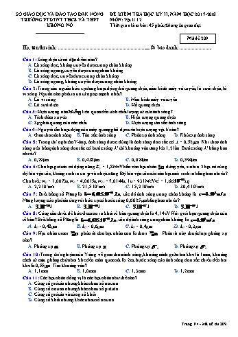 Đề kiểm tra học kì 2 môn Vật lý lớp 12 - Năm học 2017-2018 - Trường PTDTNT THCS VÀ THPT KRông Nô - Mã đề 209