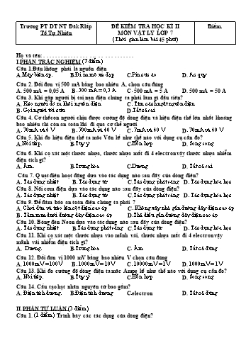 Đề kiểm tra học kì 2 môn Vật lý lớp 7 - Trường PTDT NT - Đăkrlấp (Có đáp án)