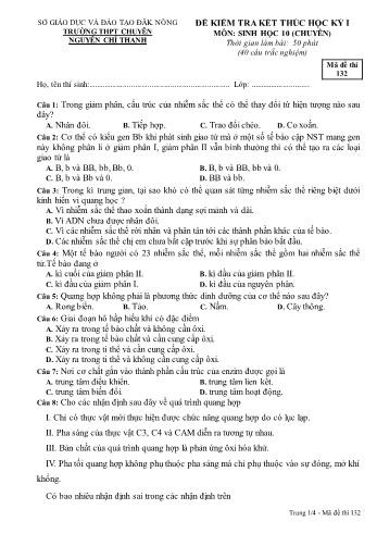 Đề kiểm tra kết thúc học kì 1 môn Sinh học Lớp 10 chuyên - Năm học 2016-2017 - Trường THPT Chuyên Nguyễn Chí Thanh - Mã đề thi 132