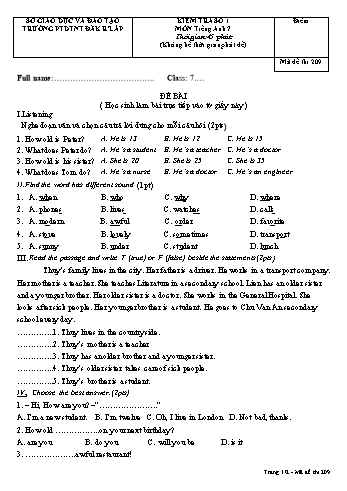 Đề kiểm tra số 1 môn Tiếng anh lớp 7 - Trường PTDT Nội trú Đăk Rlấp - Mã đề 209