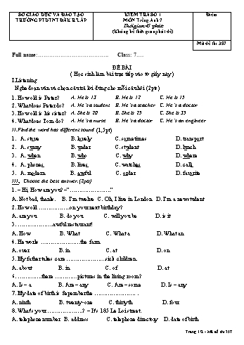 Đề kiểm tra số 1 môn Tiếng anh lớp 7 - Trường PTDT Nội trú Đăk Rlấp - Mã đề 357