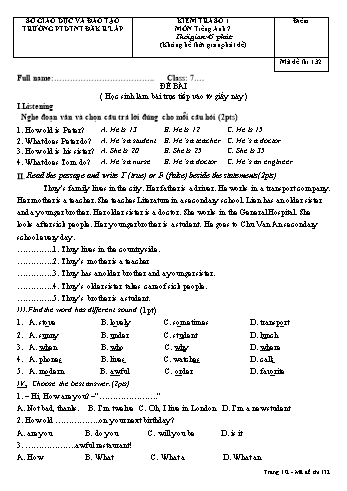 Đề kiểm tra số 1 môn Tiếng anh lớp 7 - Trường PTDT Nội trú Đăk Rlấp - Mã đề 132
