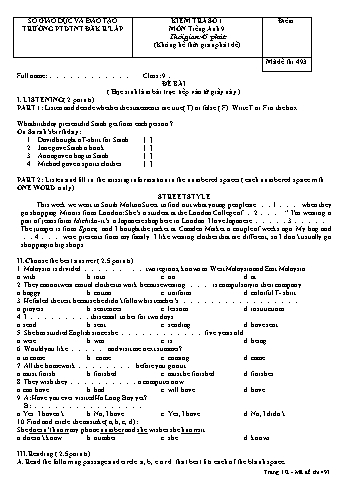 Đề kiểm tra số 1 môn Tiếng anh lớp 9 - Trường PTDT Nội trú Đăk Rlấp - Mã đề 493