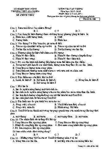 Đề kiểm tra tập trung môn Địa lý Lớp 10 lần 1 - Năm học 2017-2018 - Trường THPT Gia Nghĩa - Mã đề thi 480