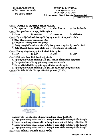 Đề kiểm tra tập trung môn Địa lý Lớp 10 lần 1 - Năm học 2017-2018 - Trường THPT Gia Nghĩa - Mã đề thi 125