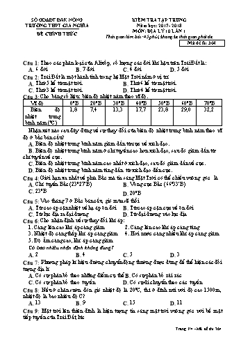Đề kiểm tra tập trung môn Địa lý Lớp 10 lần 1 - Năm học 2017-2018 - Trường THPT Gia Nghĩa - Mã đề thi 364