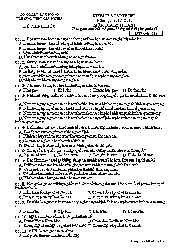 Đề kiểm tra tập trung môn Địa lý Lớp 11 lần 1 - Năm học 2017-2018 - Trường THPT Gia Nghĩa - Mã đề thi 214