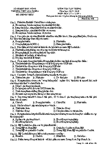 Đề kiểm tra tập trung môn Địa lý Lớp 11 lần 1 - Năm học 2017-2018 - Trường THPT Gia Nghĩa - Mã đề thi 478