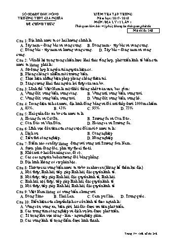 Đề kiểm tra tập trung môn Địa lý Lớp 12 lần 1 - Năm học 2017-2018 - Trường THPT Gia Nghĩa - Mã đề thi 248