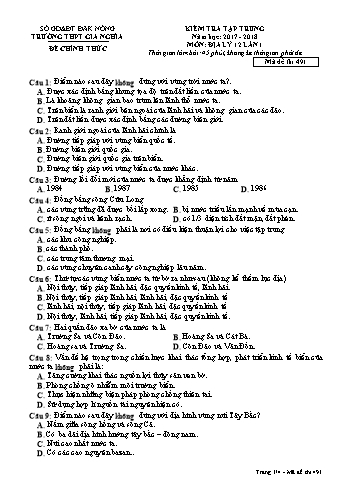 Đề kiểm tra tập trung môn Địa lý Lớp 12 lần 1 - Năm học 2017-2018 - Trường THPT Gia Nghĩa - Mã đề thi 491