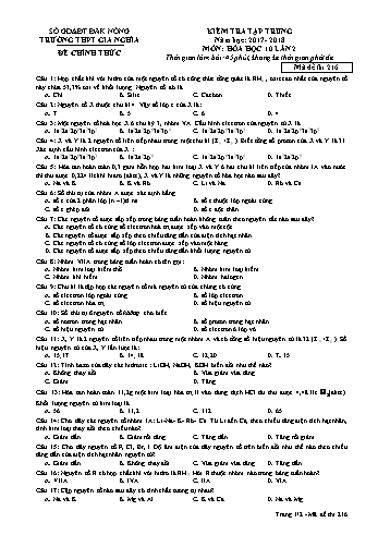 Đề kiểm tra tập trung môn Hóa học Lớp 10 lần 2 - Năm học 2017-2018 - Trường THPT Gia Nghĩa - Mã đề thi 216