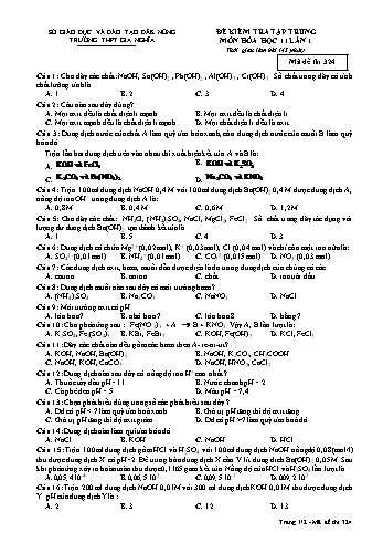 Đề kiểm tra tập trung môn Hóa học Lớp 11 lần 1 - Năm học 2017-2018 - Trường THPT Gia Nghĩa - Mã đề thi 324