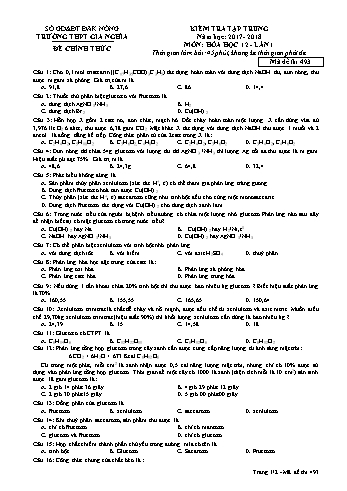 Đề kiểm tra tập trung môn Hóa học Lớp 12 lần 1 - Năm học 2017-2018 - Trường THPT Gia Nghĩa - Mã đề thi 493