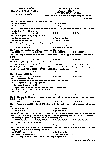 Đề kiểm tra tập trung môn Hóa học Lớp 12 lần 1 - Năm học 2017-2018 - Trường THPT Gia Nghĩa - Mã đề thi 169