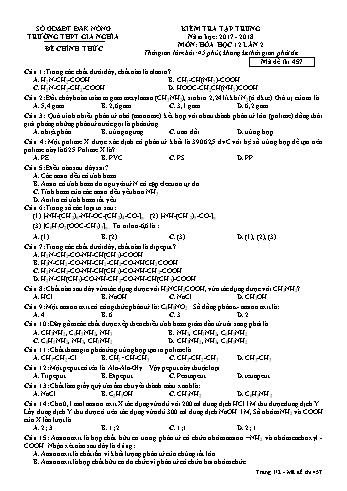 Đề kiểm tra tập trung môn Hóa học Lớp 12 lần 2 - Năm học 2017-2018 - Trường THPT Gia Nghĩa - Mã đề thi 457