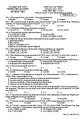 Đề kiểm tra tập trung môn Hóa học Lớp 12 lần 2 - Năm học 2017-2018 - Trường THPT Gia Nghĩa - Mã đề thi 218