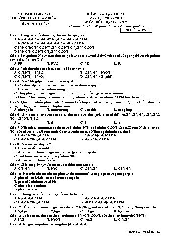 Đề kiểm tra tập trung môn Hóa học Lớp 12 lần 2 - Năm học 2017-2018 - Trường THPT Gia Nghĩa - Mã đề thi 372