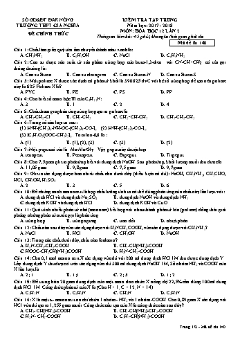 Đề kiểm tra tập trung môn Hóa học Lớp 12 lần 2 - Năm học 2017-2018 - Trường THPT Gia Nghĩa - Mã đề thi 140