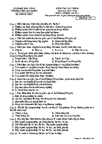 Đề kiểm tra tập trung môn Lịch sử Lớp 10 lần 1 - Năm học 2017-2018 - Trường THPT Gia Nghĩa - Mã đề thi 176