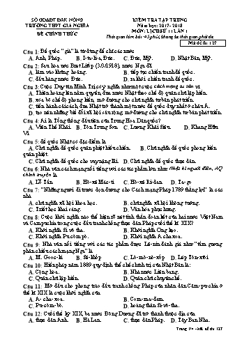 Đề kiểm tra tập trung môn Lịch sử Lớp 11 lần 1 - Năm học 2017-2018 - Trường THPT Gia Nghĩa - Mã đề thi 127