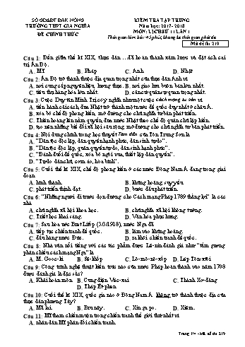 Đề kiểm tra tập trung môn Lịch sử Lớp 11 lần 1 - Năm học 2017-2018 - Trường THPT Gia Nghĩa - Mã đề thi 219
