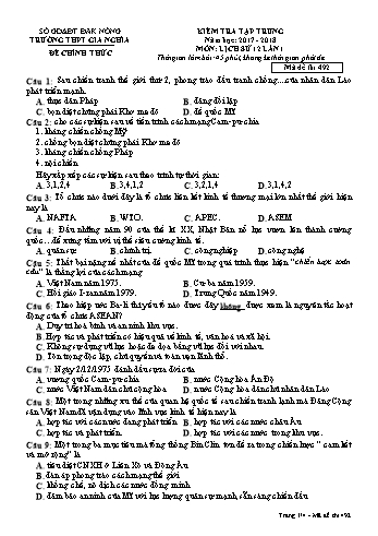 Đề kiểm tra tập trung môn Lịch sử Lớp 12 lần 1 - Năm học 2017-2018 - Trường THPT Gia Nghĩa - Mã đề thi 492