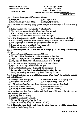 Đề kiểm tra tập trung môn Lịch sử Lớp 12 lần 1 - Năm học 2017-2018 - Trường THPT Gia Nghĩa - Mã đề thi 168