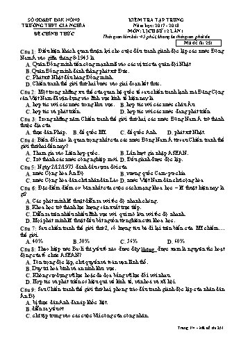 Đề kiểm tra tập trung môn Lịch sử Lớp 12 lần 1 - Năm học 2017-2018 - Trường THPT Gia Nghĩa - Mã đề thi 251