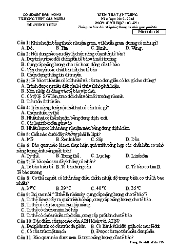 Đề kiểm tra tập trung môn Sinh học Lớp 10 lần 1 - Năm học 2017-2018 - Trường THPT Gia Nghĩa - Mã đề thi 139