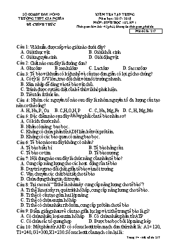 Đề kiểm tra tập trung môn Sinh học Lớp 10 lần 1 - Năm học 2017-2018 - Trường THPT Gia Nghĩa - Mã đề thi 217
