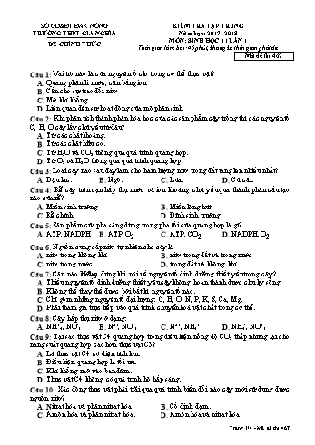 Đề kiểm tra tập trung môn Sinh học Lớp 11 lần 1 - Năm học 2017-2018 - Trường THPT Gia Nghĩa - Mã đề thi 467
