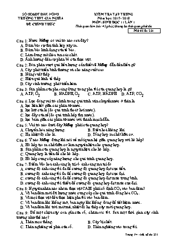 Đề kiểm tra tập trung môn Sinh học Lớp 11 lần 1 - Năm học 2017-2018 - Trường THPT Gia Nghĩa - Mã đề thi 231