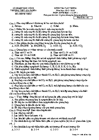 Đề kiểm tra tập trung môn Sinh học Lớp 11 lần 1 - Năm học 2017-2018 - Trường THPT Gia Nghĩa - Mã đề thi 126