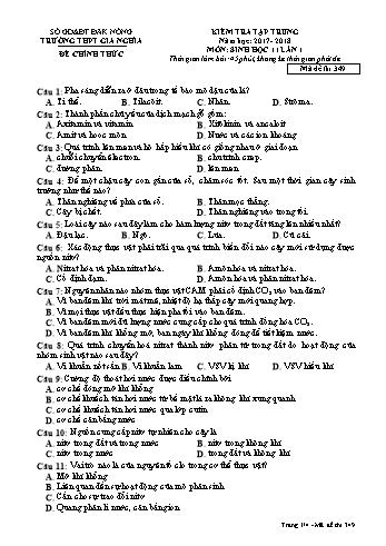 Đề kiểm tra tập trung môn Sinh học Lớp 11 lần 1 - Năm học 2017-2018 - Trường THPT Gia Nghĩa - Mã đề thi 349