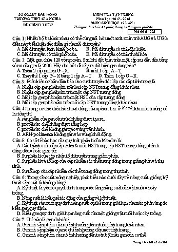 Đề kiểm tra tập trung môn Sinh học Lớp 12 lần 1 - Năm học 2017-2018 - Trường THPT Gia Nghĩa - Mã đề thi 208