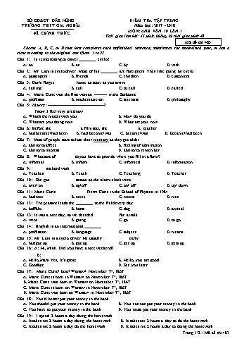 Đề kiểm tra tập trung môn Tiếng Anh Lớp 10 lần 1 - Năm học 2017-2018 - Trường THPT Gia Nghĩa - Mã đề thi 483