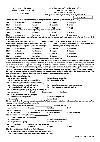 Đề kiểm tra tập trung môn Tiếng Anh Lớp 10 lần 3 - Năm học 2017-2018 - Trường THPT Gia Nghĩa - Mã đề thi 271