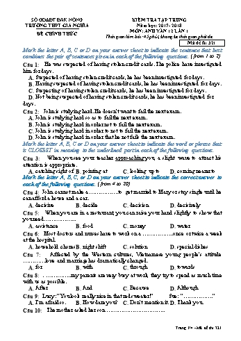 Đề kiểm tra tập trung môn Tiếng Anh Lớp 12 lần 1 - Năm học 2017-2018 - Trường THPT Gia Nghĩa - Mã đề thi 321