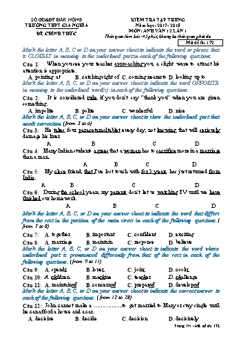 Đề kiểm tra tập trung môn Tiếng Anh Lớp 12 lần 1 - Năm học 2017-2018 - Trường THPT Gia Nghĩa - Mã đề thi 172